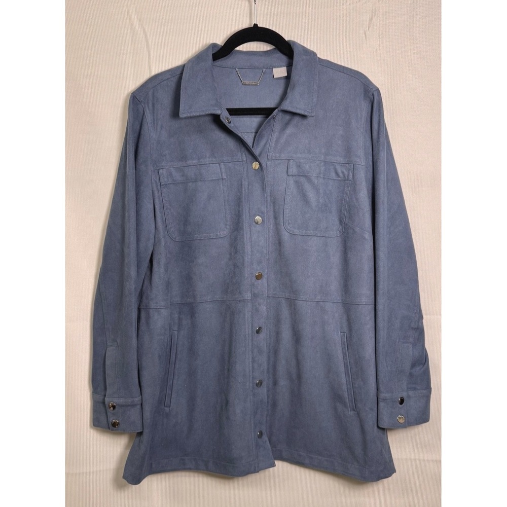 Women's Blue Faux Suede Shacket Size 3 XL Snap Front Pockets Chico's‎